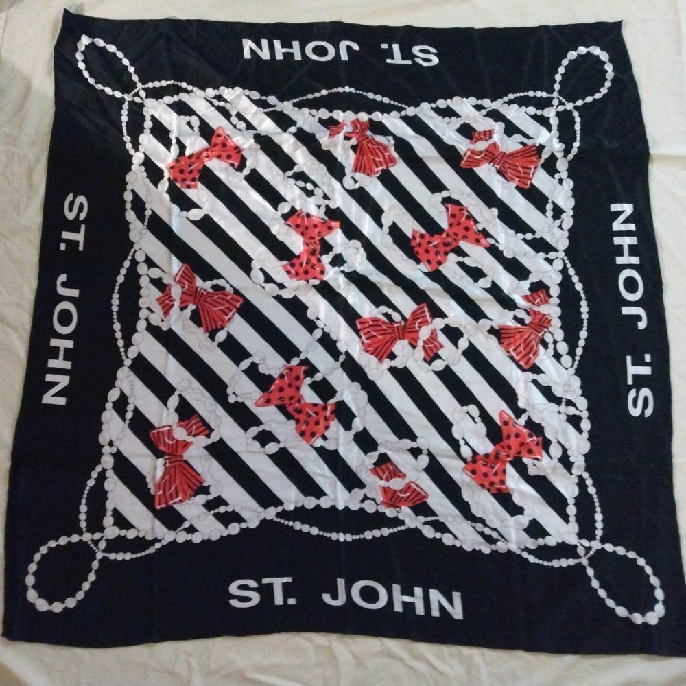 ❤️AMAZING!! ST JOHN XL 100% Silk Piano Shawl Scarf Bows & Pearls 43x42